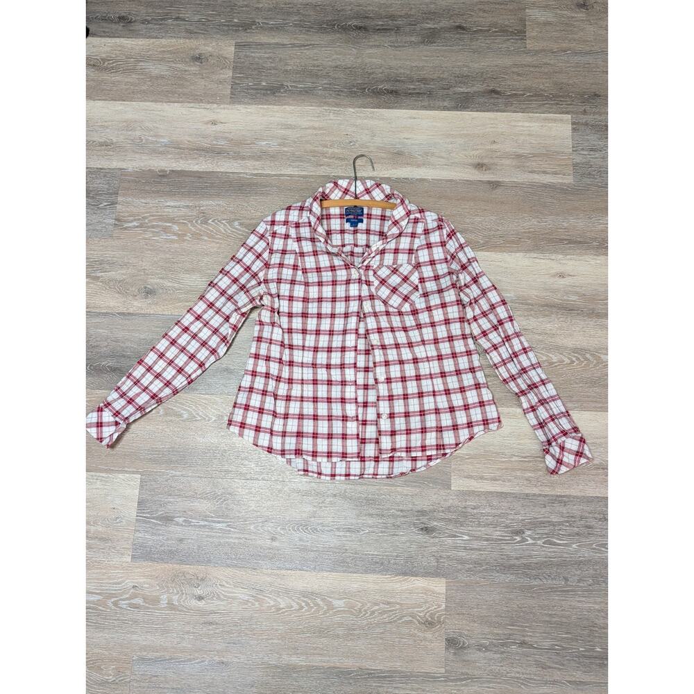Pendleton Tan White Plaid Flannel Button Up Shirt 100% Cotton Womens Size L